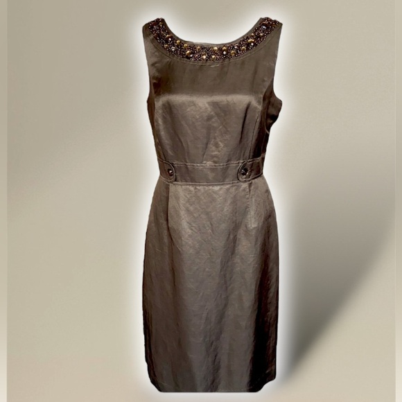 Alex Marie Dresses & Skirts - ALEX MARIE Silk & Linen Tailored Sheath Dress Copper Brown Beaded Neckline Sz 10